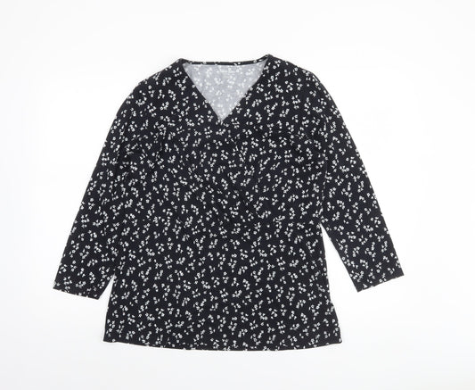 Lands' End Women's Black Floral Wrap Jersey Long Sleeve Top M