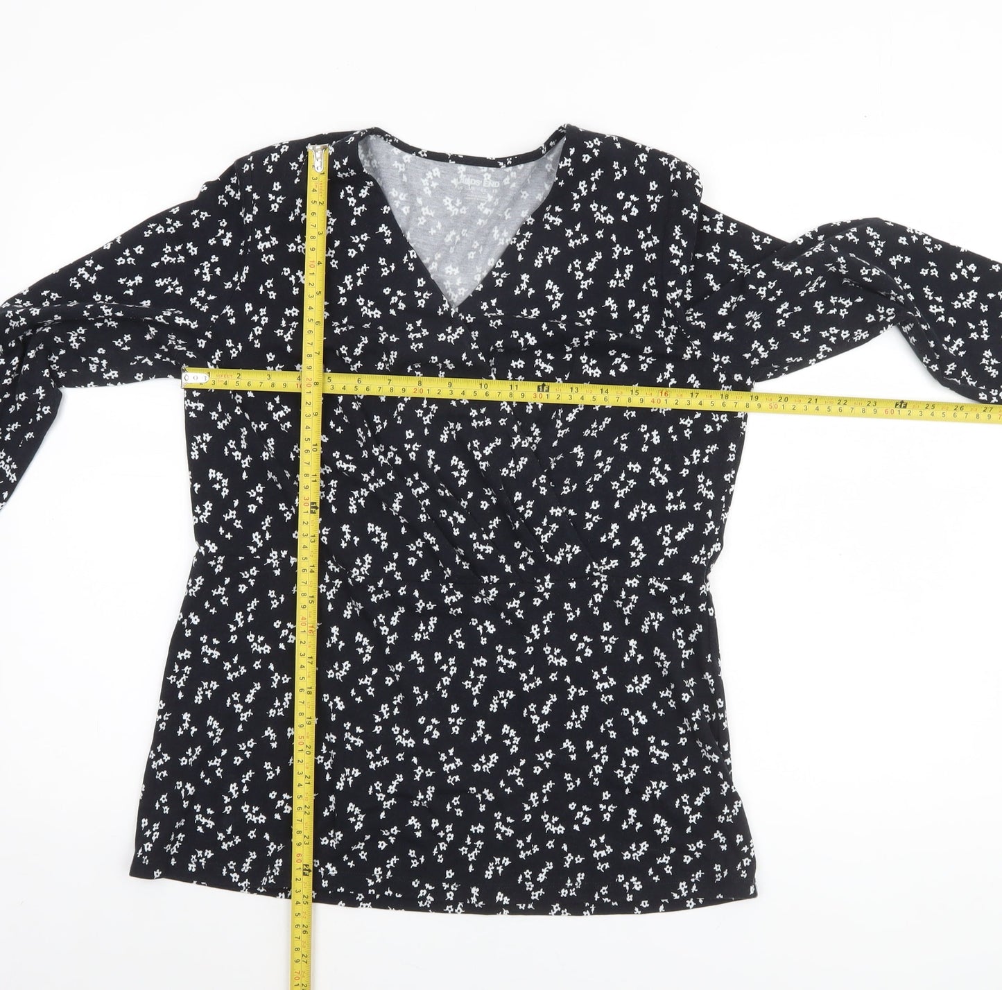 Lands' End Women's Black Floral Wrap Jersey Long Sleeve Top M