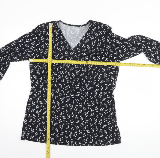 Lands' End Women's Black Floral Wrap Jersey Long Sleeve Top M