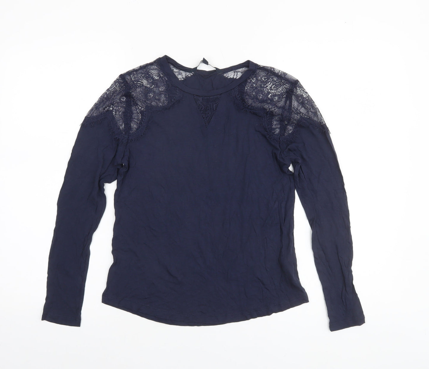 French Connection Women's Blue Lace Shoulder Long Sleeve Jersey Blouse Size S