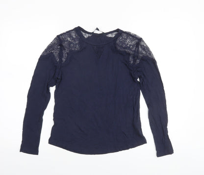 French Connection Women's Blue Lace Shoulder Long Sleeve Jersey Blouse Size S