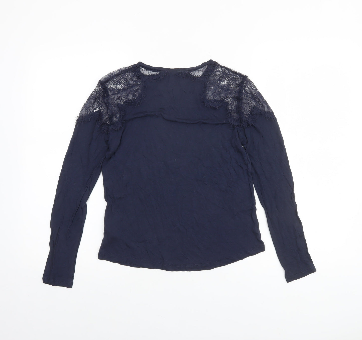 French Connection Women's Blue Lace Shoulder Long Sleeve Jersey Blouse Size S