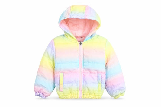 Front view of Pink Rabbit unisex baby multicoloured 6-9m hooded puffer jacket