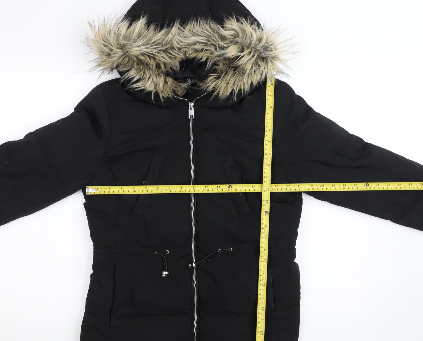 H&M Divided Women's Black Faux Fur Hooded Puffer Jacket Size 12