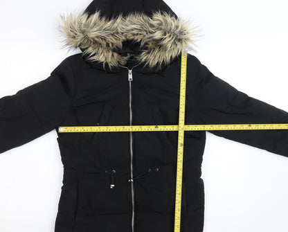 H&M Divided Women's Black Faux Fur Hooded Puffer Jacket Size 12