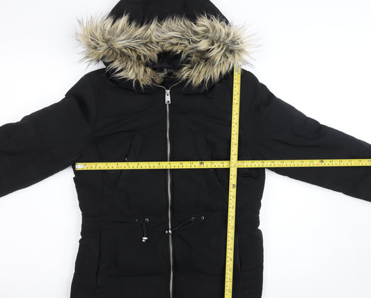 H&M Divided Women's Black Faux Fur Hooded Puffer Jacket Size 12