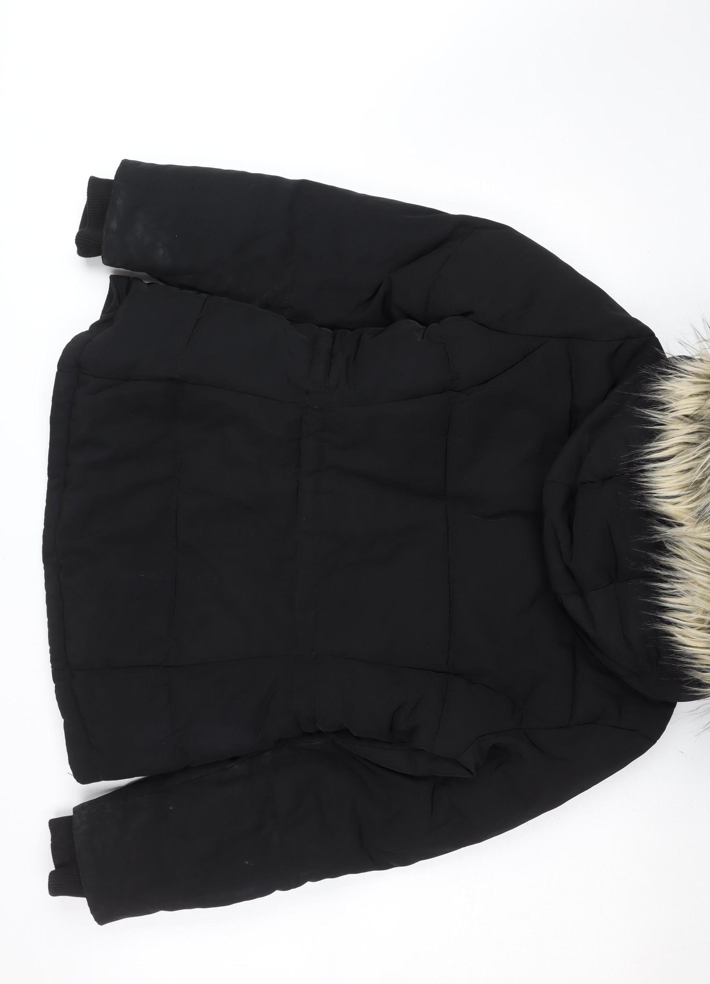 H&M Divided Women's Black Faux Fur Hooded Puffer Jacket Size 12