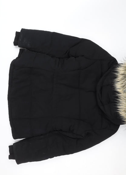 H&M Divided Women's Black Faux Fur Hooded Puffer Jacket Size 12
