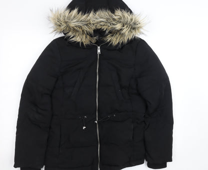 H&M Divided Women's Black Faux Fur Hooded Puffer Jacket Size 12