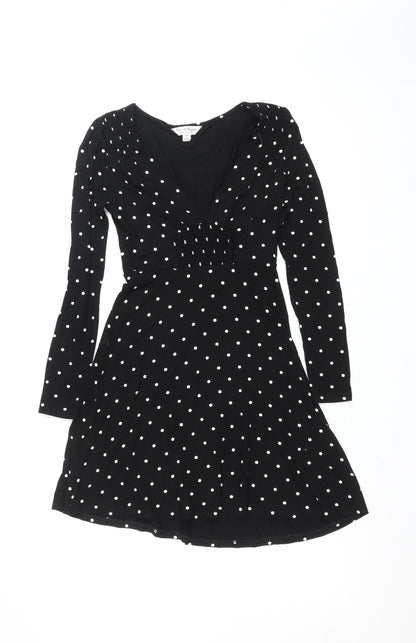 Miss Selfridge Women Black Polka Dot V-Neck Fit & Flare Dress Size 8