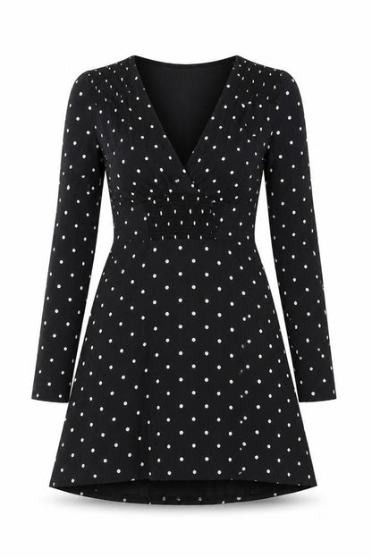 Front view of Miss Selfridge Women Black Polka Dot V-Neck Fit & Flare Dress, size 8