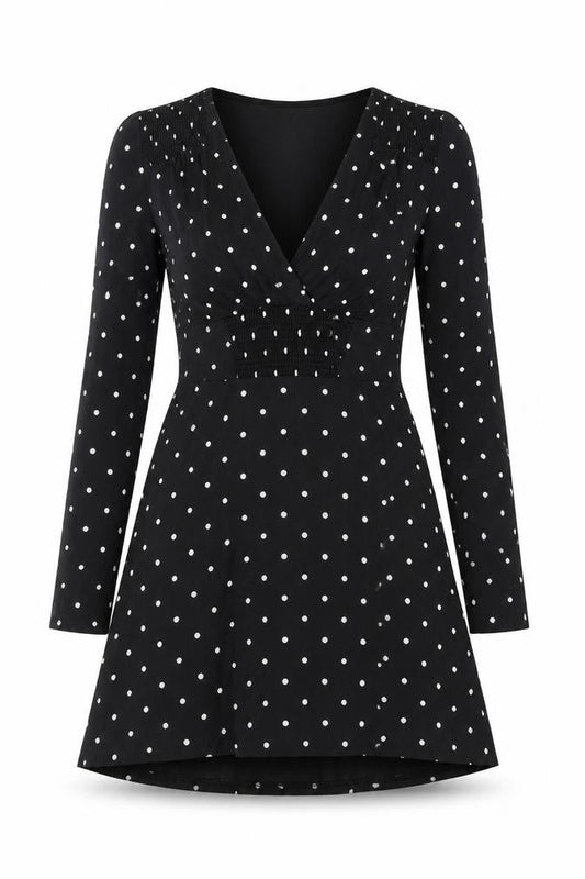 Front view of Miss Selfridge Women Black Polka Dot V-Neck Fit & Flare Dress, size 8