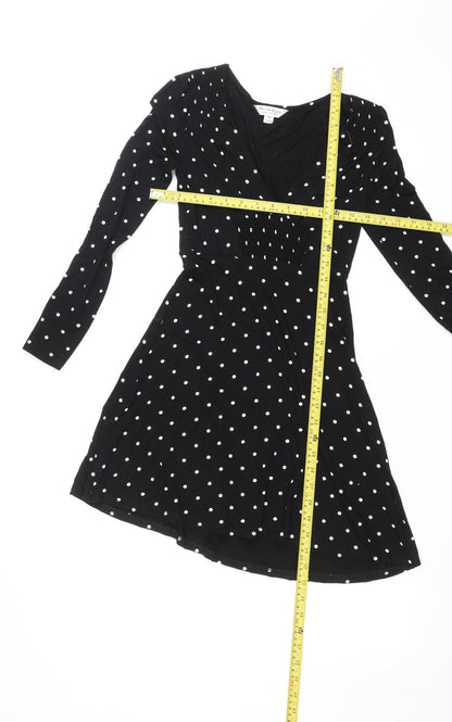 Miss Selfridge Women Black Polka Dot V-Neck Fit & Flare Dress Size 8