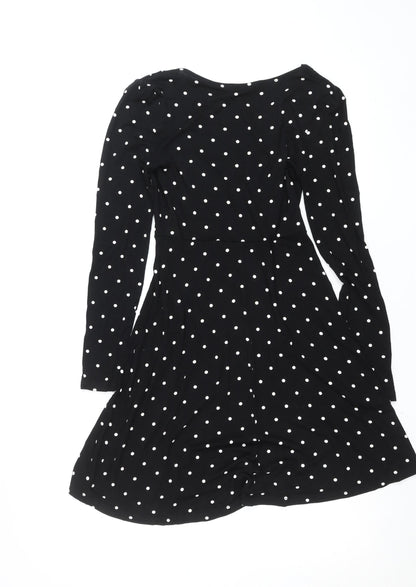 Miss Selfridge Women Black Polka Dot V-Neck Fit & Flare Dress Size 8