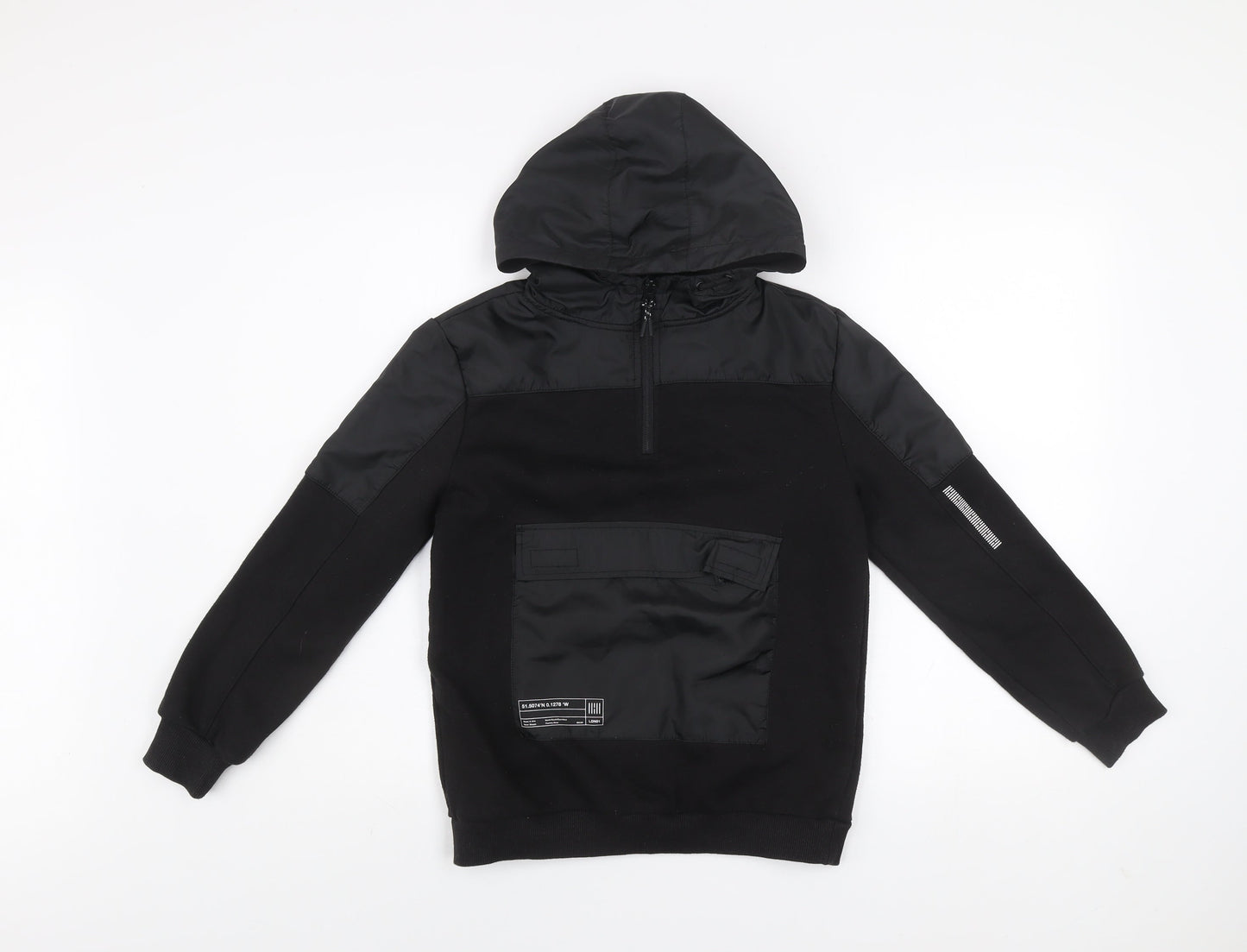 Primark Boys Black 10-11 Years Pullover Hoodie with Zip Pocket