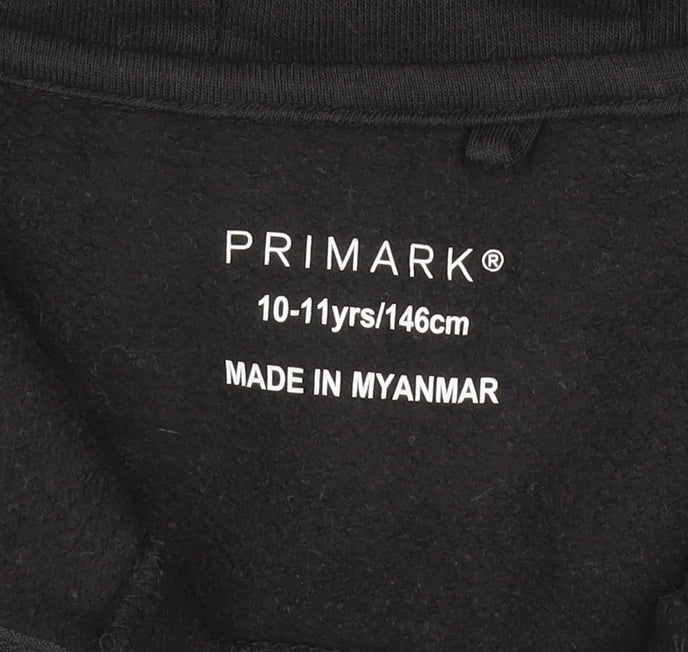 Primark Boys Black 10-11 Years Pullover Hoodie with Zip Pocket