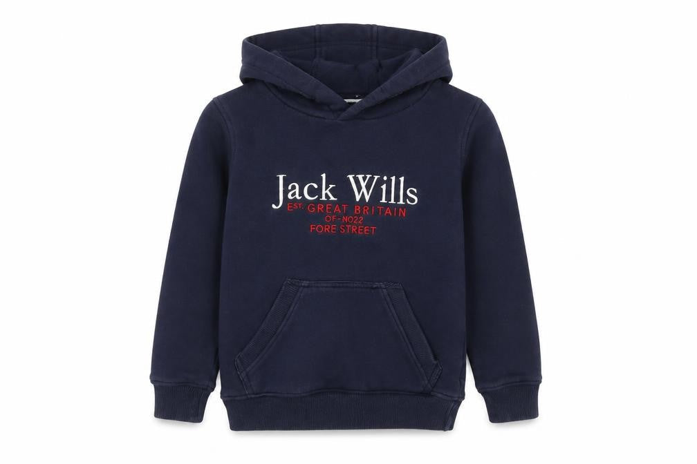 Front view of Jack Wills boys’ blue pullover hoodie 5-6 years embroidered logo fleece