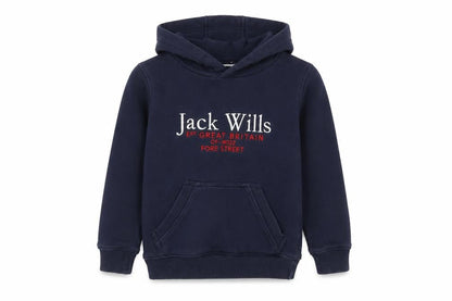 Front view of Jack Wills boys’ blue pullover hoodie 5-6 years embroidered logo fleece