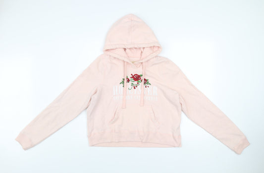 Hollister Women Pink Embroidered Floral Pullover Hoodie Size M