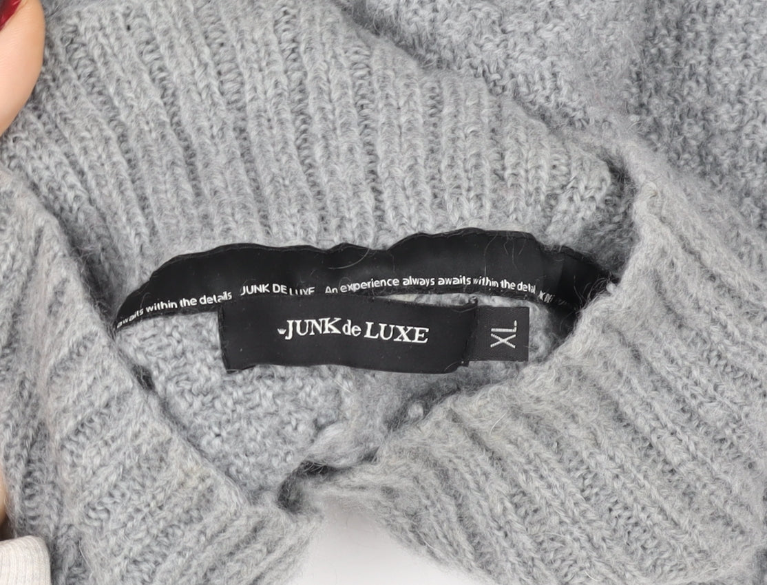 Junk de Luxe Men Grey XL Chunky Knit Mohair Henley Jumper