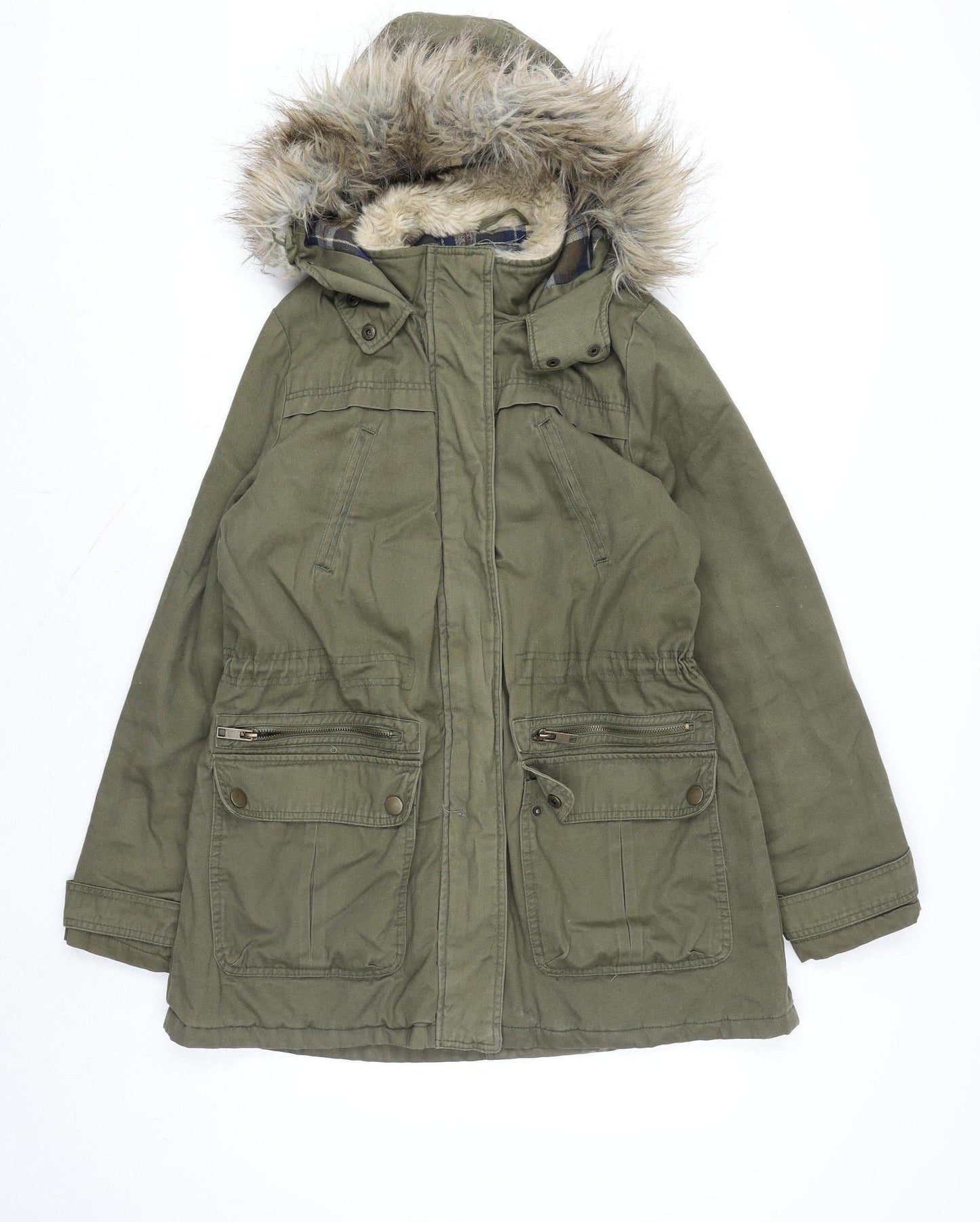 New Look Women’s Green Fur Trim Parka Coat Size 14 Hooded Winter Jacket