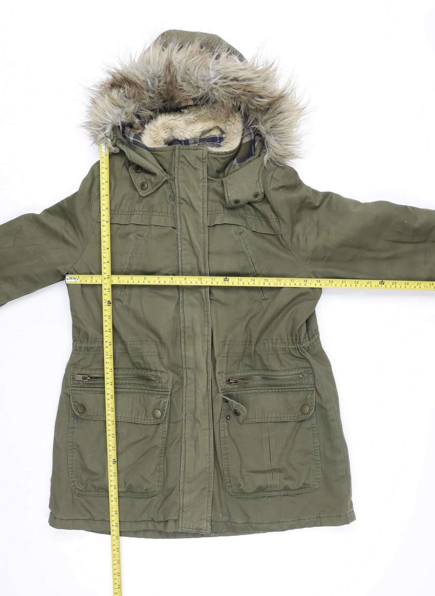 New Look Women’s Green Fur Trim Parka Coat Size 14 Hooded Winter Jacket