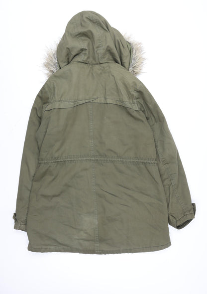 New Look Women’s Green Fur Trim Parka Coat Size 14 Hooded Winter Jacket
