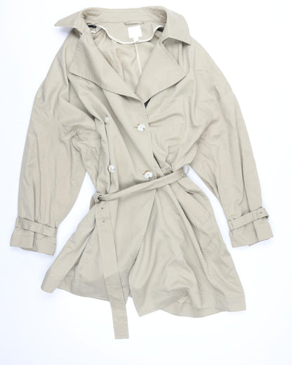 H&M Women Beige Trench Coat L Belted Cotton Lyocell