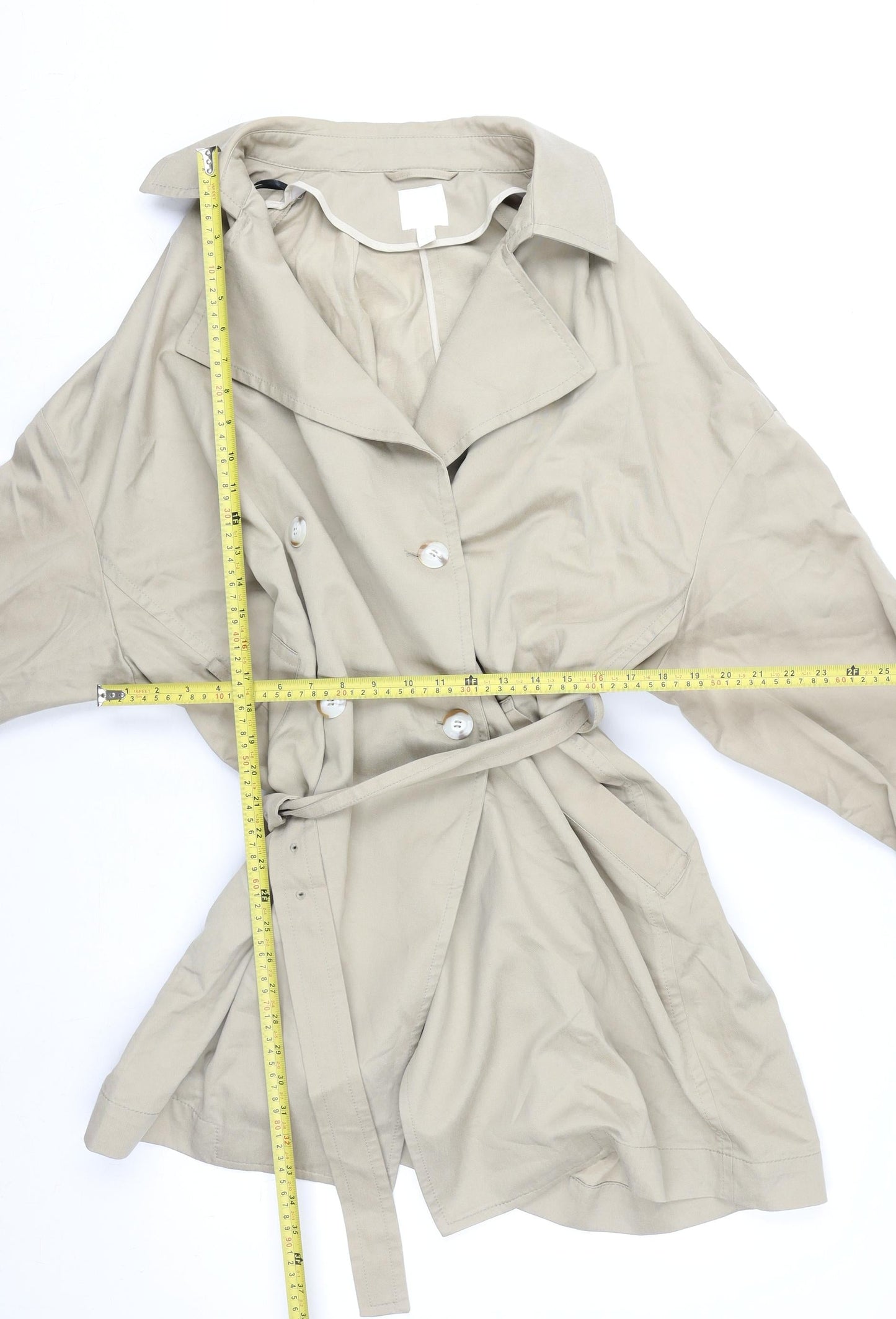 H&M Women Beige Trench Coat L Belted Cotton Lyocell