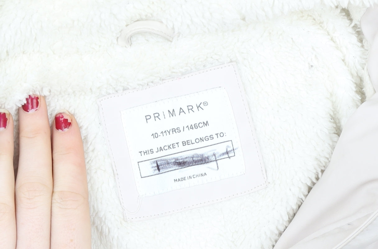 Primark Girls Beige Hooded Parka Coat 10-11 Years Lined Full Zip Pockets