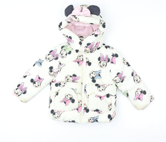 Primark Disney Girls Ivory Minnie Mouse Puffer Jacket 18-24 Months Hooded