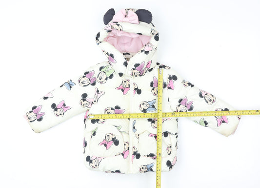 Primark Disney Girls Ivory Minnie Mouse Puffer Jacket 18-24 Months Hooded