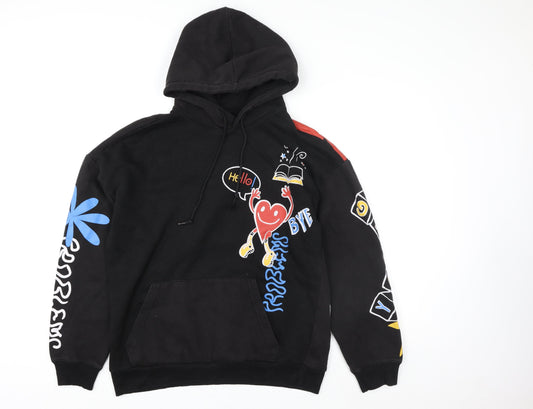 Bershka Women's Black Oversized Graphic Pullover Hoodie Size L