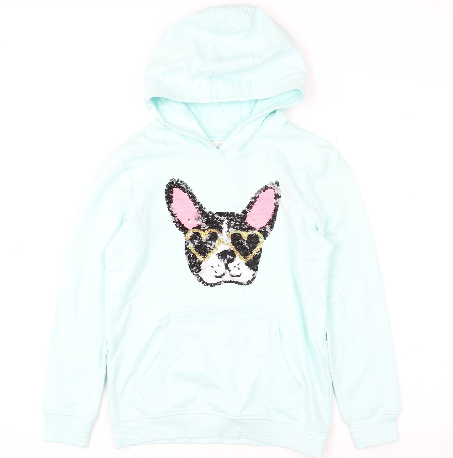 Bluezoo Girls Blue Sequin Dog Pullover Hoodie Age 9-10 Years