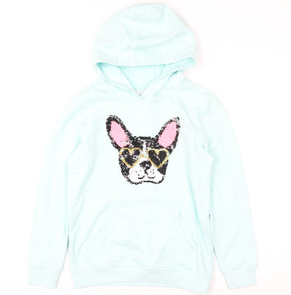Bluezoo Girls Blue Sequin Dog Pullover Hoodie Age 9-10 Years