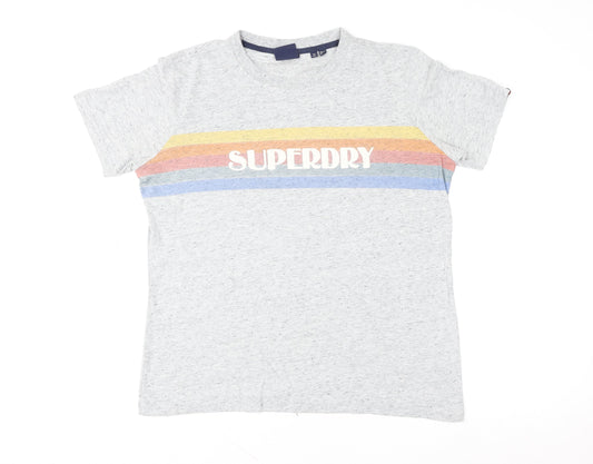 Superdry Men Grey Retro Stripe Logo Crew Neck Cotton T-Shirt L