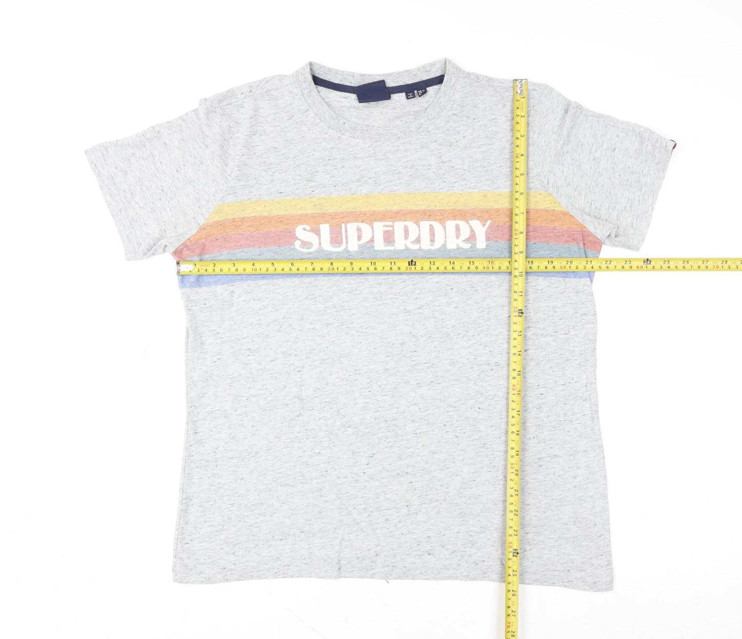 Superdry Men Grey Retro Stripe Logo Crew Neck Cotton T-Shirt L