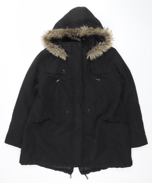 Anthology Women's Black Faux Fur Trim Parka Coat Size 18