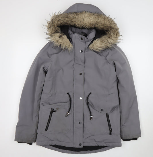 Primark Womens Grey Hooded Faux Fur Trim Parka Jacket XS