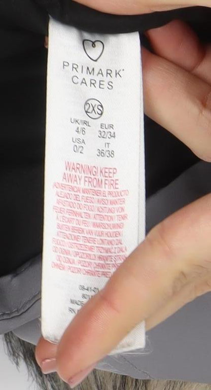 Primark Womens Grey Hooded Faux Fur Trim Parka Jacket XS