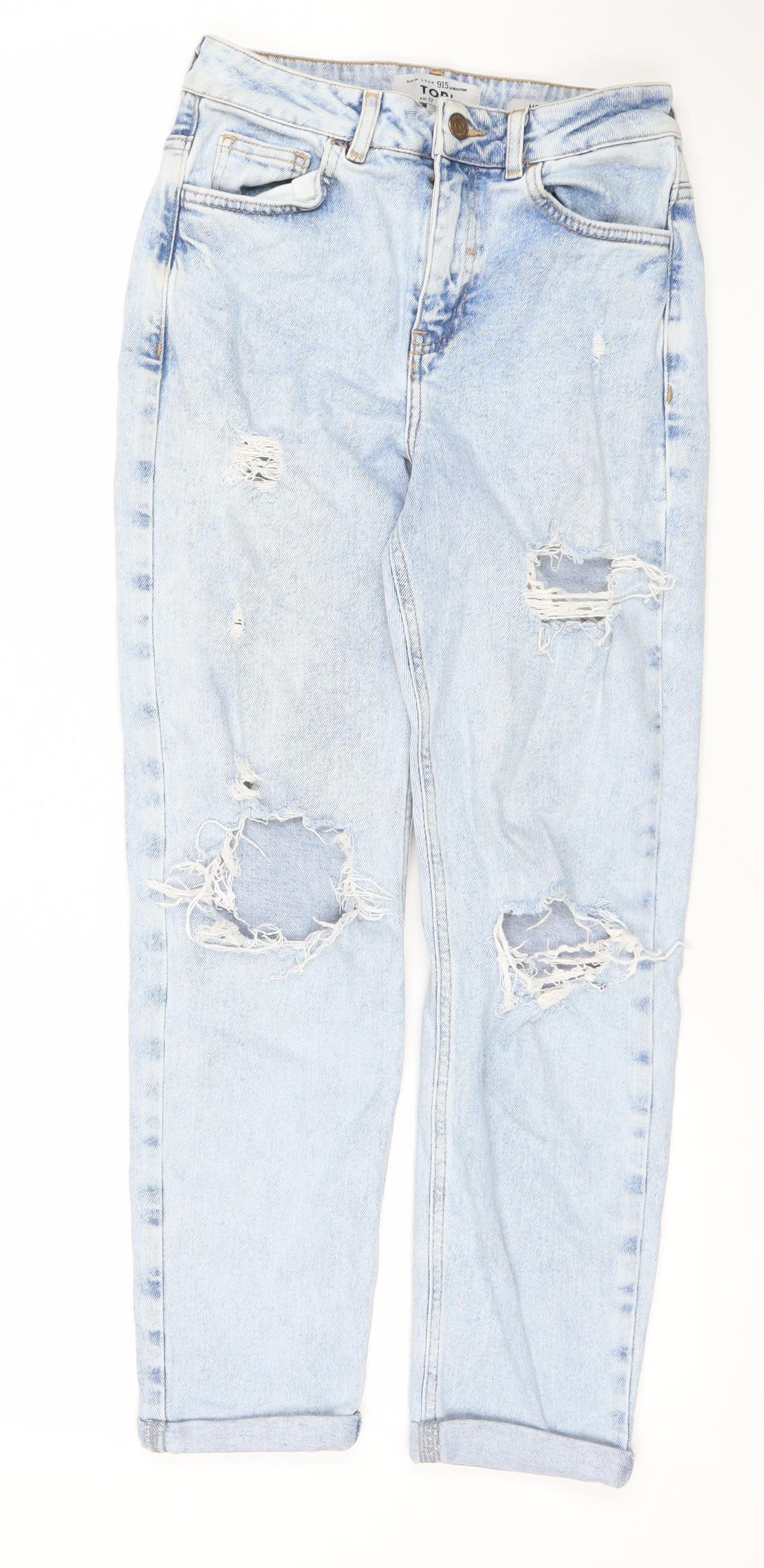 New Look Teens Blue Mom Distressed Jeans Size 12 High Rise Denim