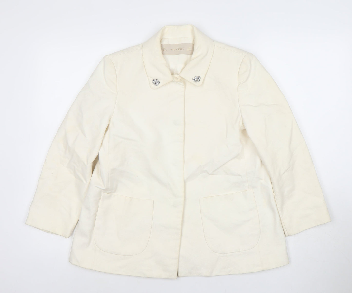 Zara Basic Women Ivory Cotton Blazer XS Regular Fit Single-Breasted