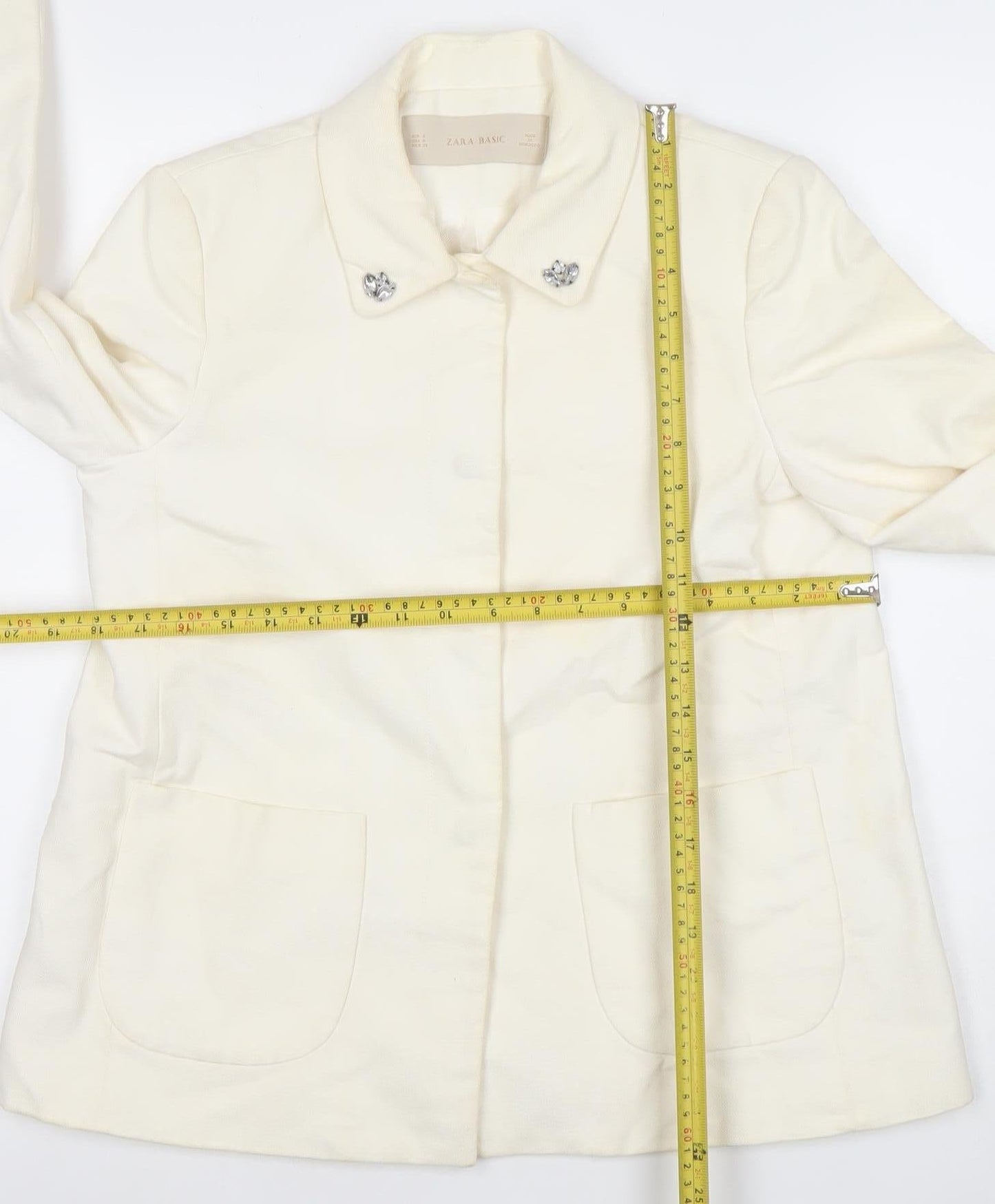 Zara Basic Women Ivory Cotton Blazer XS Regular Fit Single-Breasted