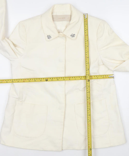 Zara Basic Women Ivory Cotton Blazer XS Regular Fit Single-Breasted