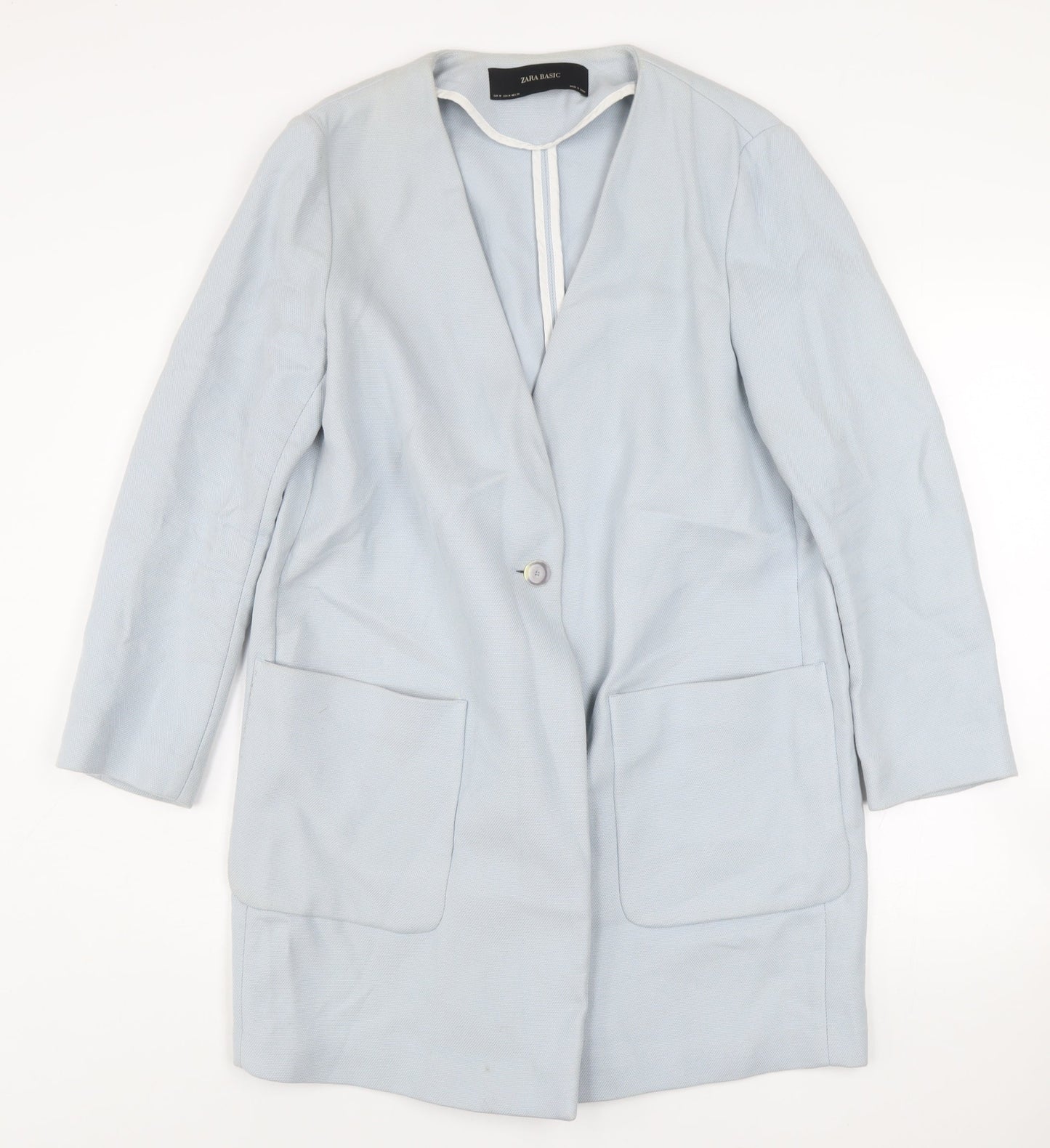 Zara Basic Women's Blue Cotton Long Blazer Size 12 Single-Breasted