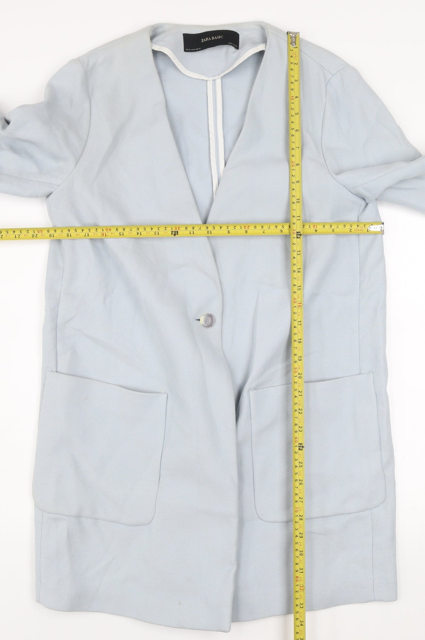 Zara Basic Women's Blue Cotton Long Blazer Size 12 Single-Breasted