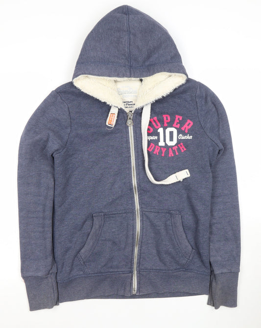 Superdry Women Blue Full Zip Hoodie Small Fleece Lined Casual