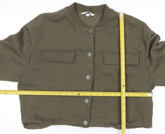 H&M Women Khaki Green Button Cardigan Sweatshirt M Cotton Blend