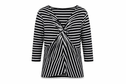 Country Casuals Petite Black & White Striped Viscose Top V-Neck Twist Front M