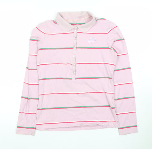 Nike Womens Pink Striped Long Sleeve Polo Shirt Size M